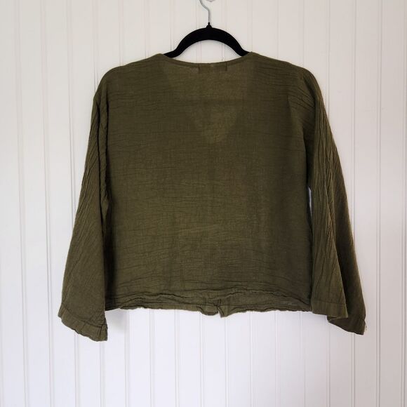 SPIRITHOUSE Green V Neck Bell Sleeve Boho Button Up Blouse Medium - Picture 4 of 5